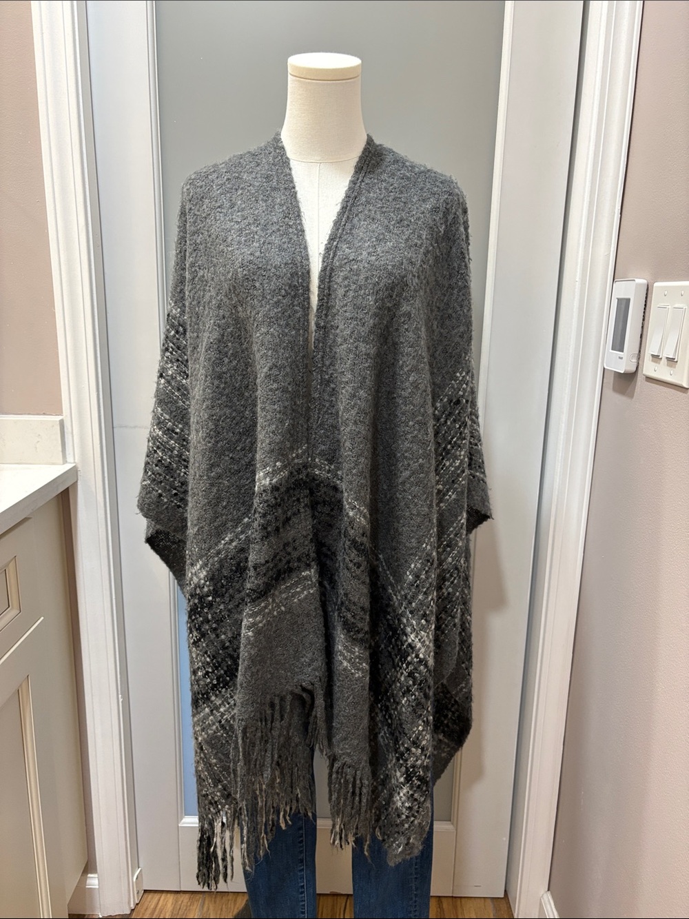 Cozy Gray Plaid Fringe Cape Wrap